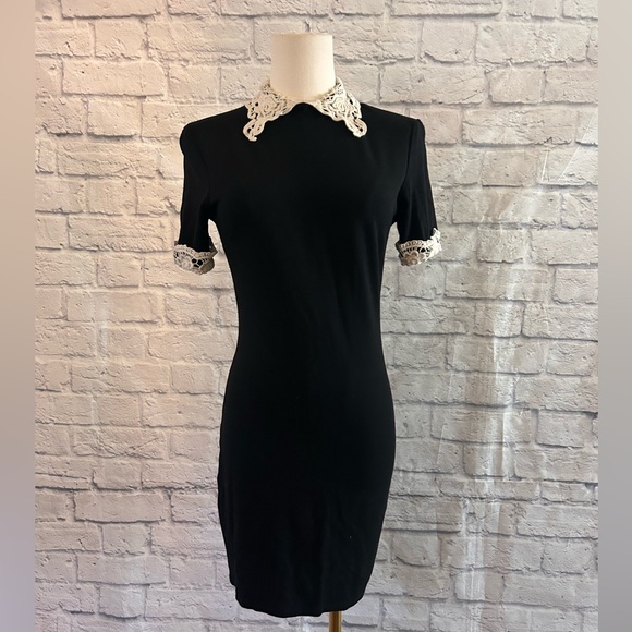 Mind Code Black Dress w Crochet Lace Collar Bodycon Knit Stretch Garden Botanist - Picture 7 of 12